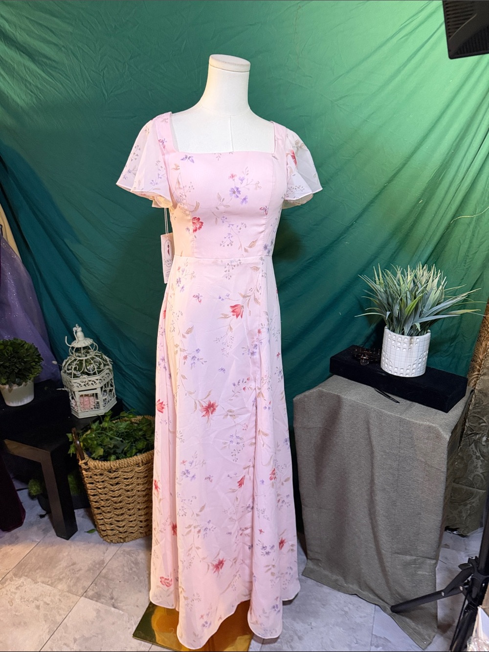 Blush Floral Square-Neck Maxi Dress